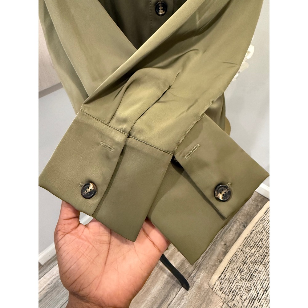 BTFBM Women Olive Green Satin Long Sleeve Button Down Tie Waist Midi Shirt Dress - Picture 4 of 6